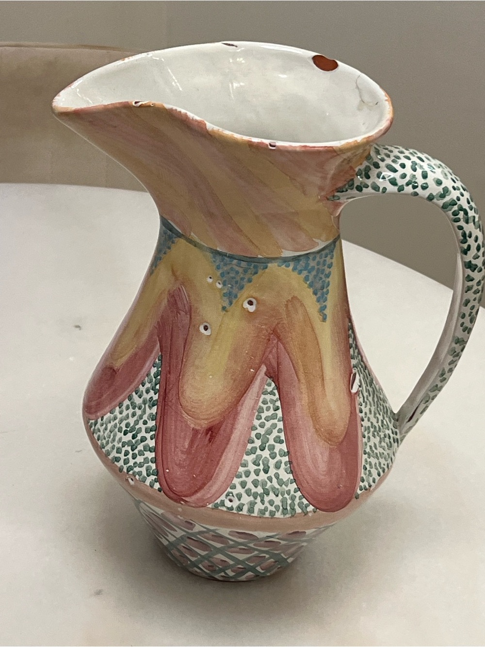 MacKenzie-Childs Hand-Painted Pink, Yellow & Green Ceramic Pitcher